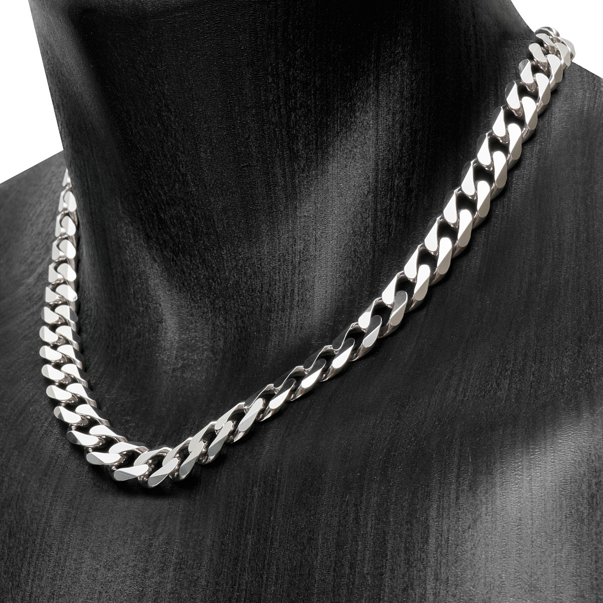 Collier gourmette 11mm plate - 50-80cm, argent 925 (poids 95-155g) option  rhodié