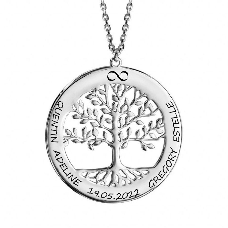 Collier arbre de vie 1 à 12 gravure(s), ♥ ou ∞, argent 925 rhodié
