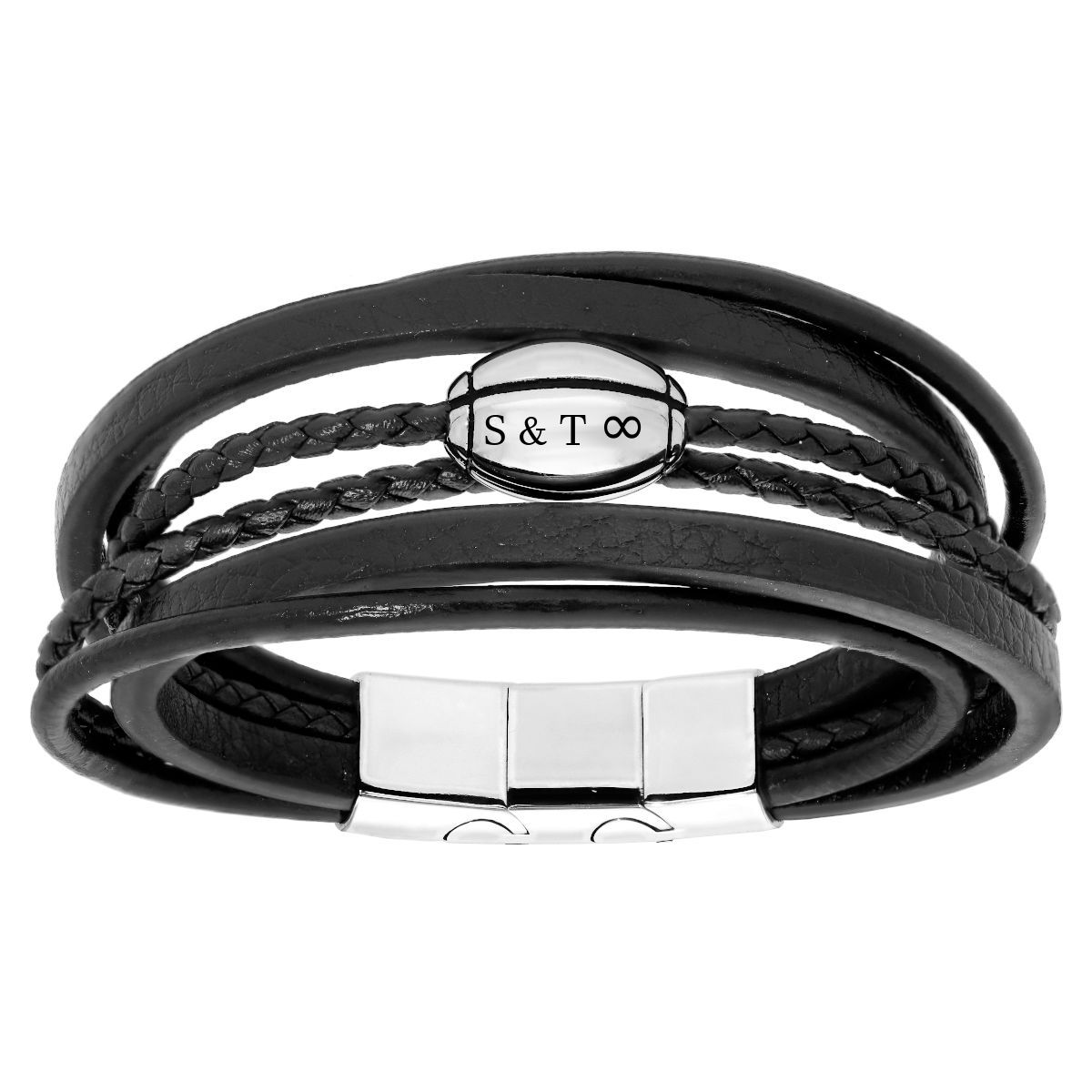 Bracelet rugby, gravure(s), cuir noir & acier, réglable