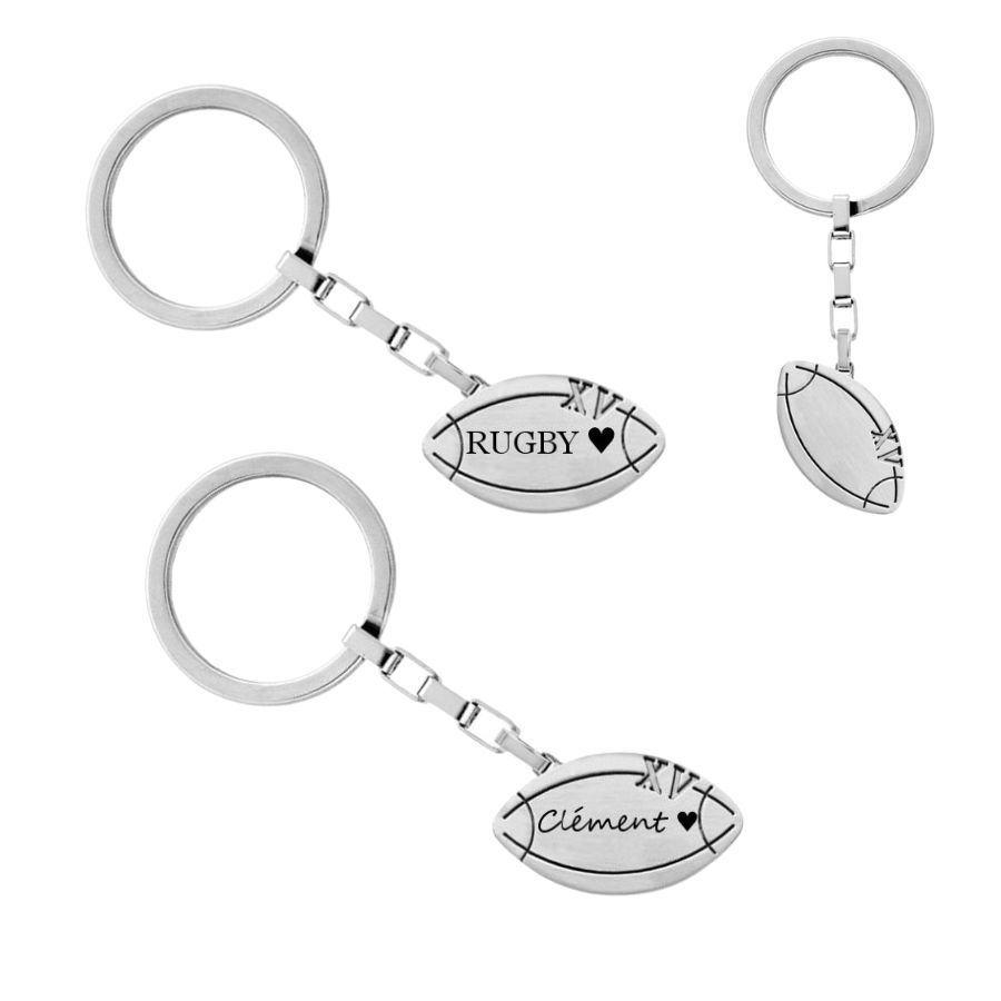 Porte-clés Personnalisable Ballon De Rugby - Gravure Laser Sur Médaille Argentée - Cadeau Pour Sportif, Anniversaire, Noël