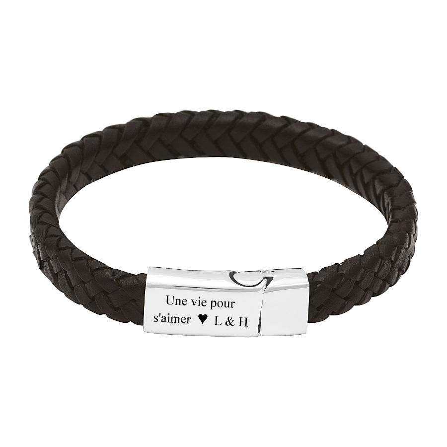 Bracelet cuir noir, gravure & acier - 21cm