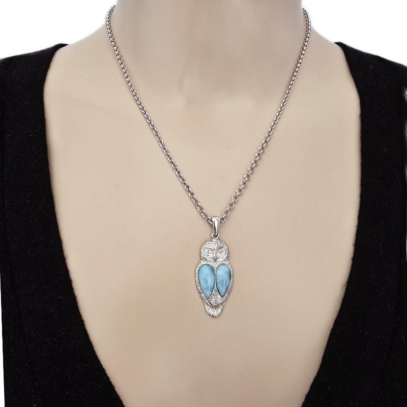 Pendentif-femme-Chouette-pierre-Larimar-Caraïbes-Argent