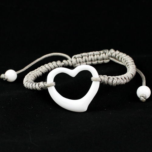 Bracelet Céramique blanche, Coeur ajouré, cordon gris réglable