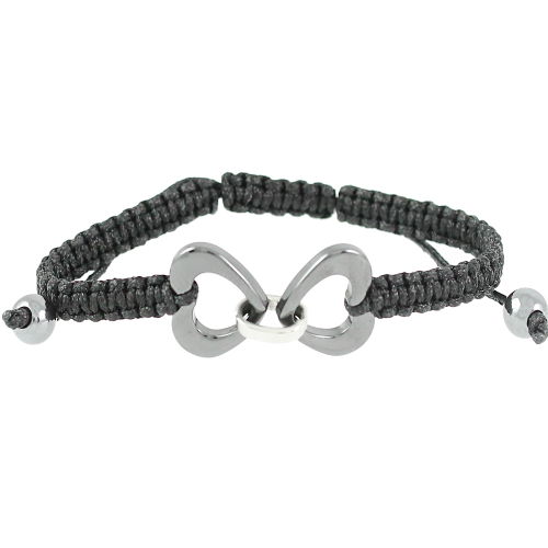 Bracelet Céramique grise & Acier, 2 Coeurs,  cordon noir réglable