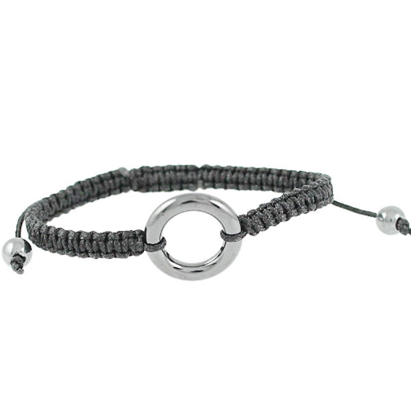 Bracelet Céramique grise, Rond ajouré, cordon noir réglable