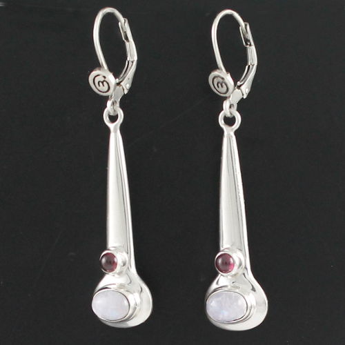 Boucles Pierre de Lune, Grenat & Argent, longueur 5.5cm