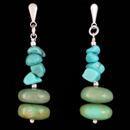 Boucles Turquoise & Argent, pierres baroques et disques, mi-longues, hauteur 3.8cm