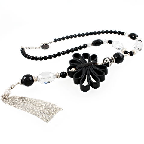 Collier onyx, cristal de roche & argent 925, Sautoir réglable jusque 60cm