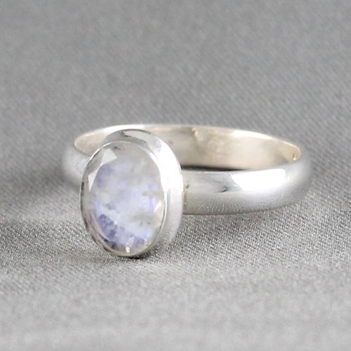 Bague pierre de lune facetée & argent 925 - T. 57 , cabochon 6mm x 9mm