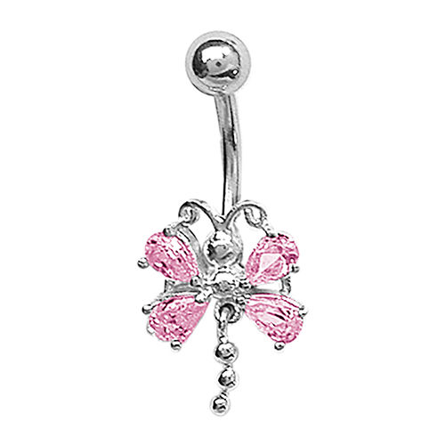 Piercing nombril Libellule en argent 925, acier chirurgical & oxydes roses, haut. 2.9cm