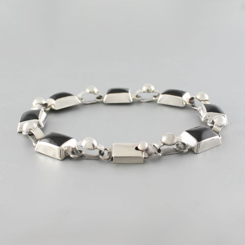 Bracelet onyx & argent 925, 7 pierres serties, longueur 20cm