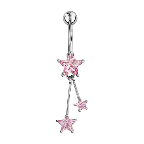 Piercing nombril étoiles roses argent 925 & tige acier chirurgical, haut. 4.20cm