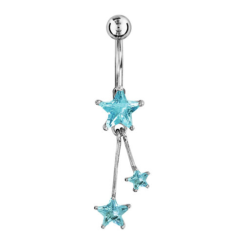 Piercing nombril étoiles en argent, oxydes bleus & tige acier chirurgical, hauteur 4.20cm