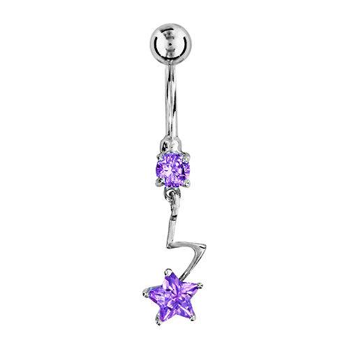 Piercing nombril violet, étoile argent 925 & tige acier chirurgical, haut. 3.5cm