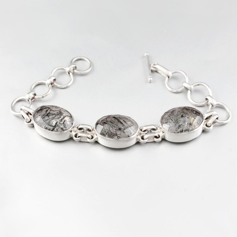 Bracelet quartz rutilé noir & argent 925, réglable jusque 19cm, photo contractuelle