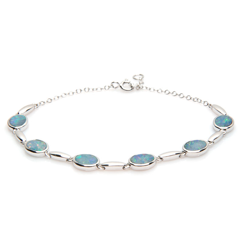 Bracelet opale bleue naturelle, argent 925 rhodié - 17-18cm