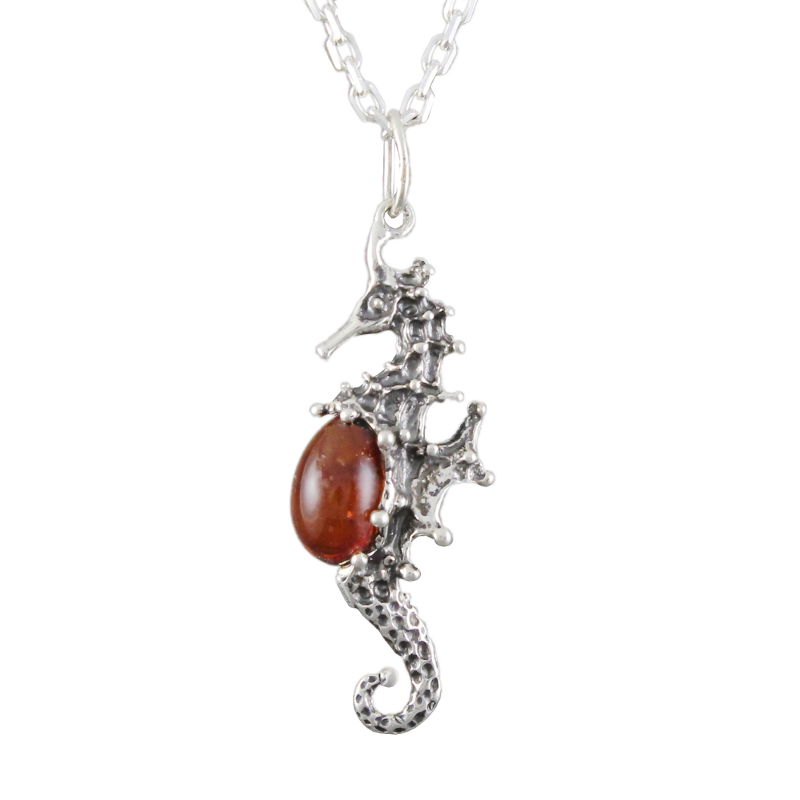 Pendentif  hippocampe en ambre cognac & argent 925, haut. 4.7cm