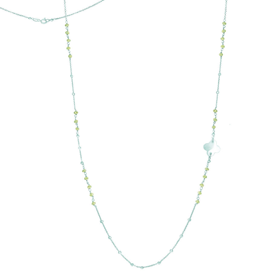 Collier péridot, nacre blanche & argent 925, sautoir 90cm