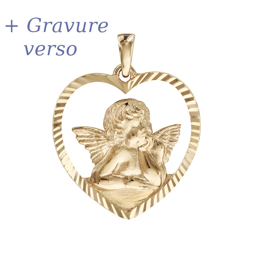 Pendentif Coeur & Ange plaqué or 750/1000ème option gravure