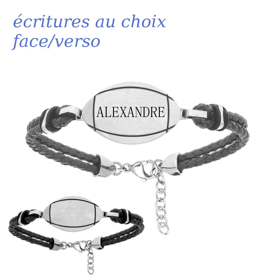 Bracelet rugby acier & cuir, option gravure face/verso
