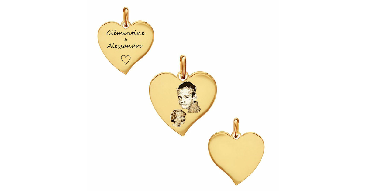 Pendentif Coeur, gravure(s), portrait(s), plaqué Or 18K