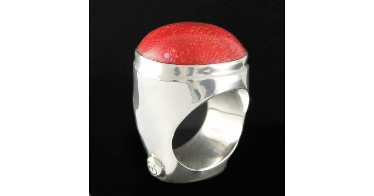 Bague Réglable Argent Massif 925 Avec Corail Gorgone Rouge 25x18mm - Création Française