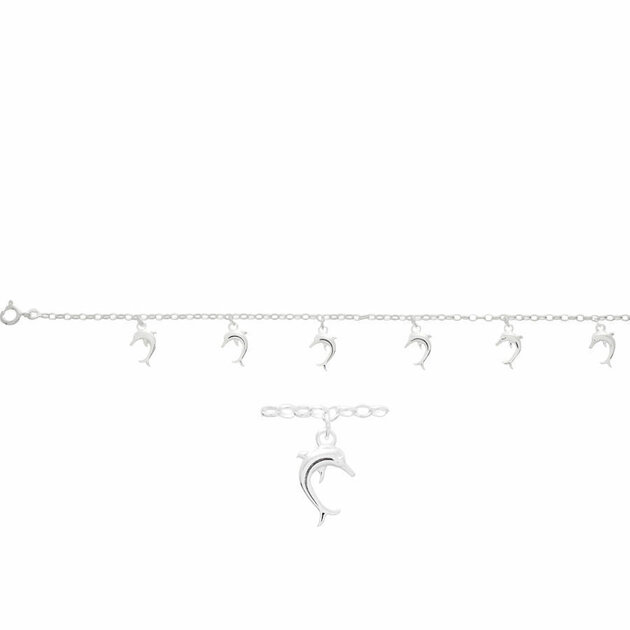 Bracelet Argent 925/1000 Avec Breloques Dauphins & Cœurs - Occasion Élégant