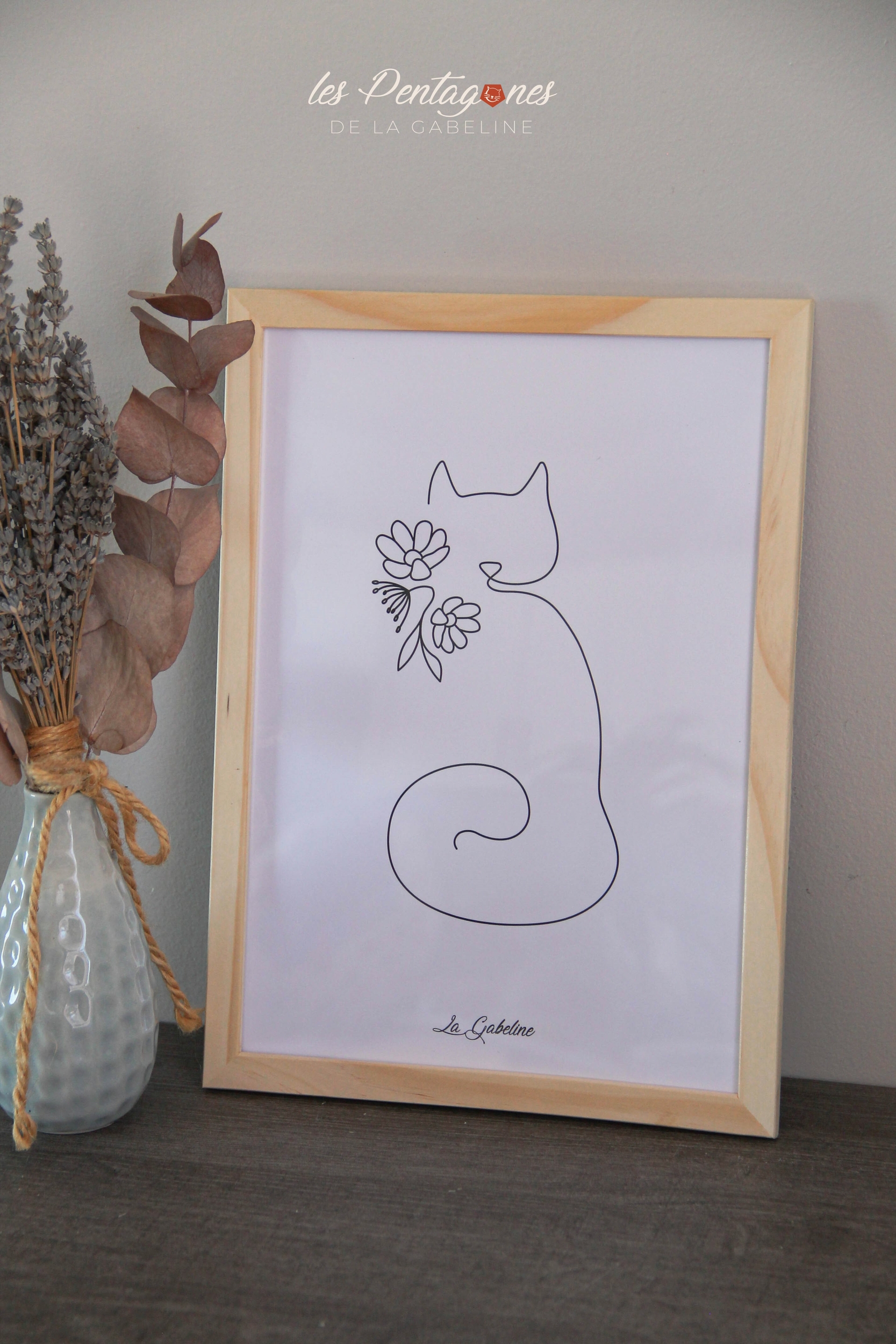 Affiche chat collier de fleurs Noir et blanc