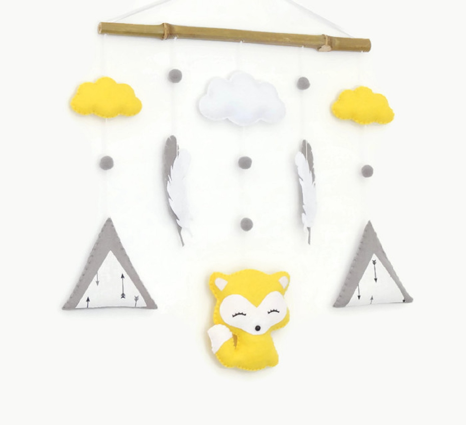 Attrape rêve renard chambre bebe en bois nuage tipi jaune gris blanc