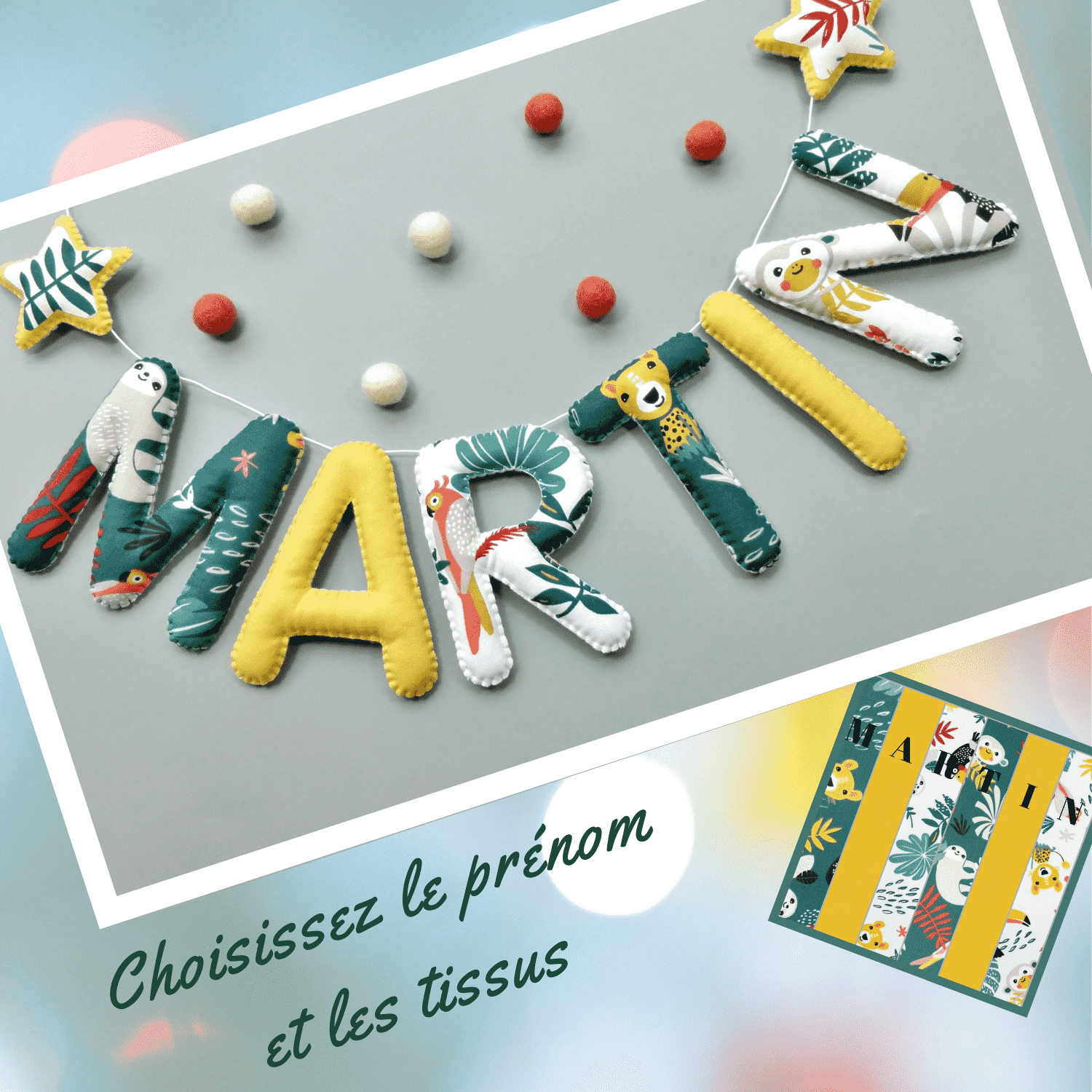 Décoration chambre bebe garçon jungle guirlande lettres tissu vert jaune