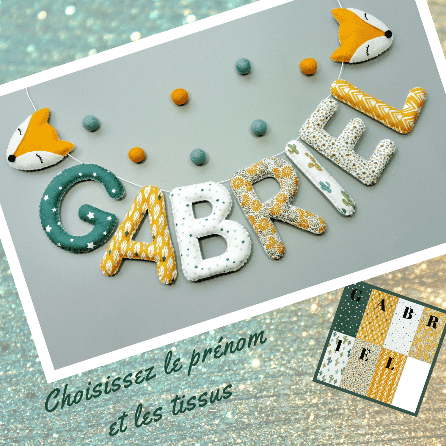 Décoration murale chambre bébé garçon avec guirlande prénom et motif renard jaune ocre et vert