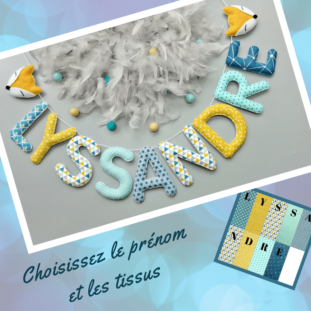 cadeau naissance bebe - guirlande prenom tissu bleu canard jaune moutarde mint renard