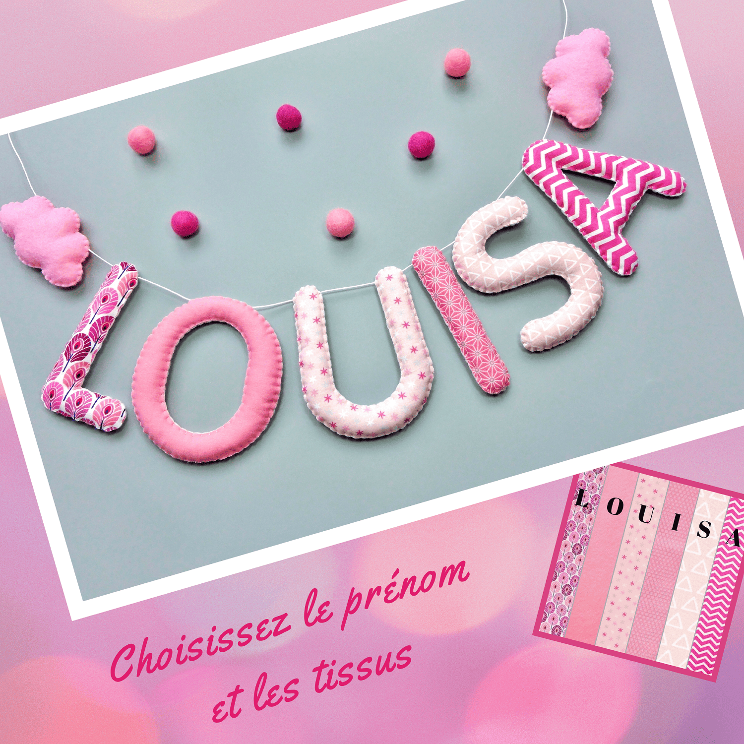 Guirlande prénom personnalisée chambre bébé fille rose