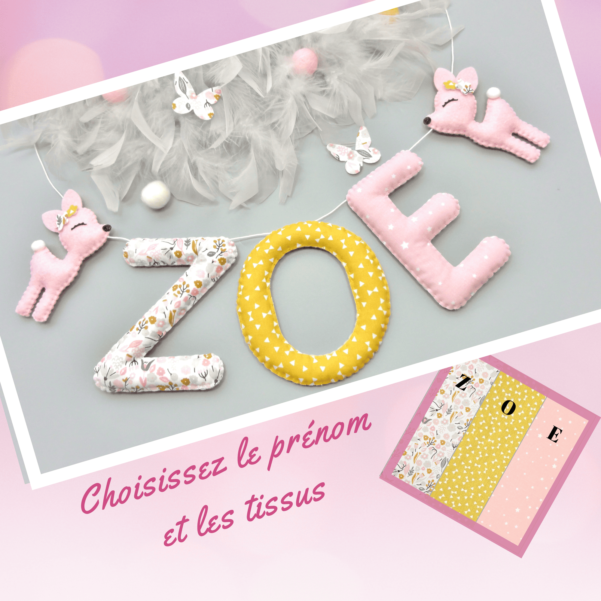 guirlande prenom à personnaliser pour decoration murale chambre bebe fille biche roses