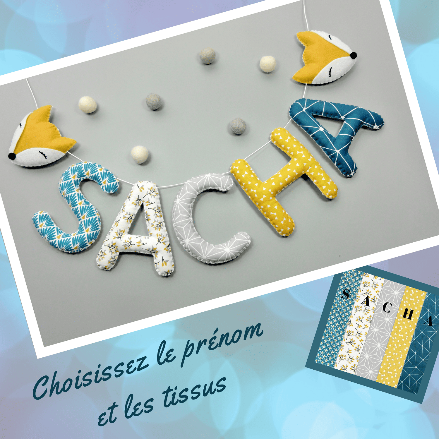 décoration murale personnalisée pour chambre enfant. guirlande prénom tissus renard moutarde