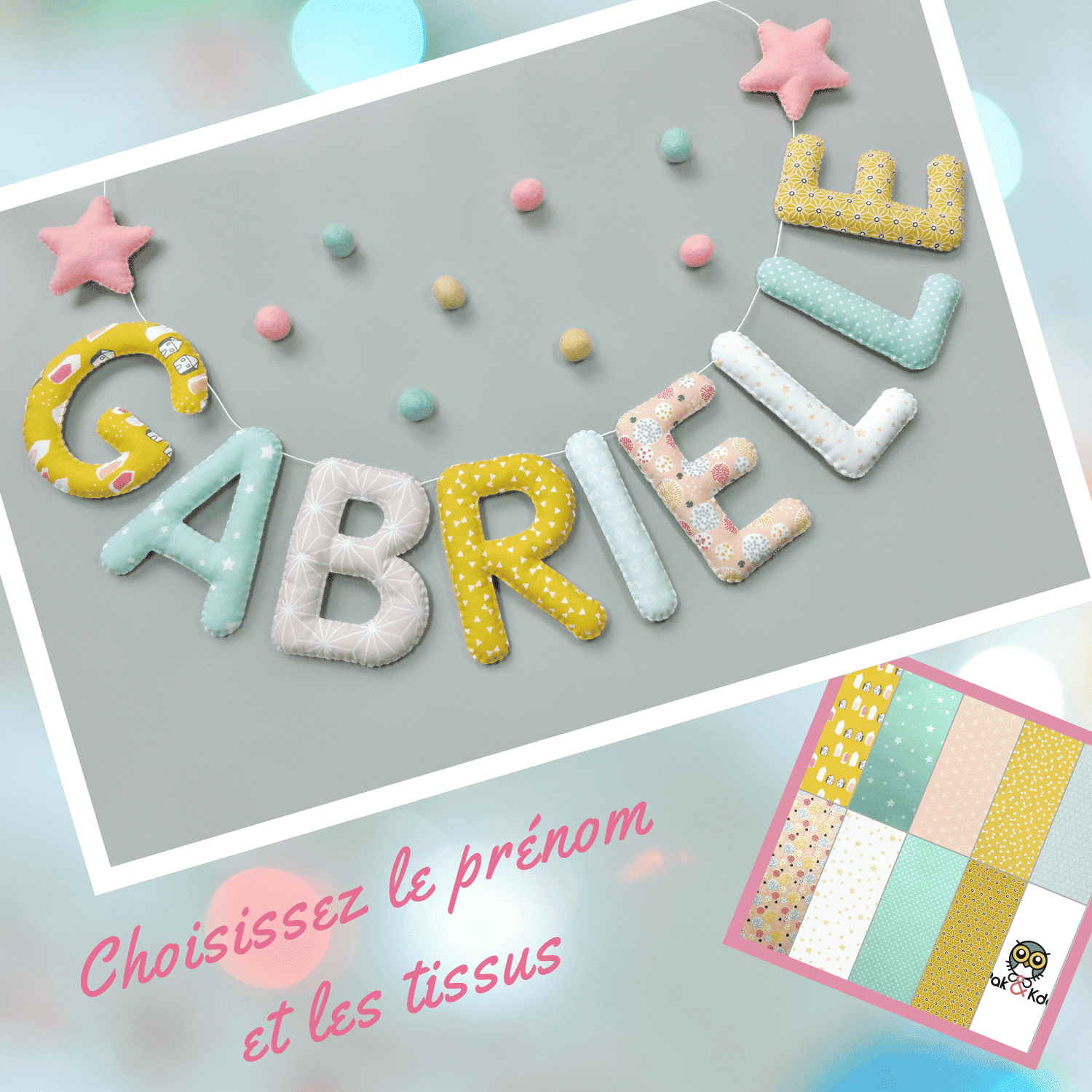 guirlande prenom pour decoration de chambre bebe fille tissus pastel étoiles roses