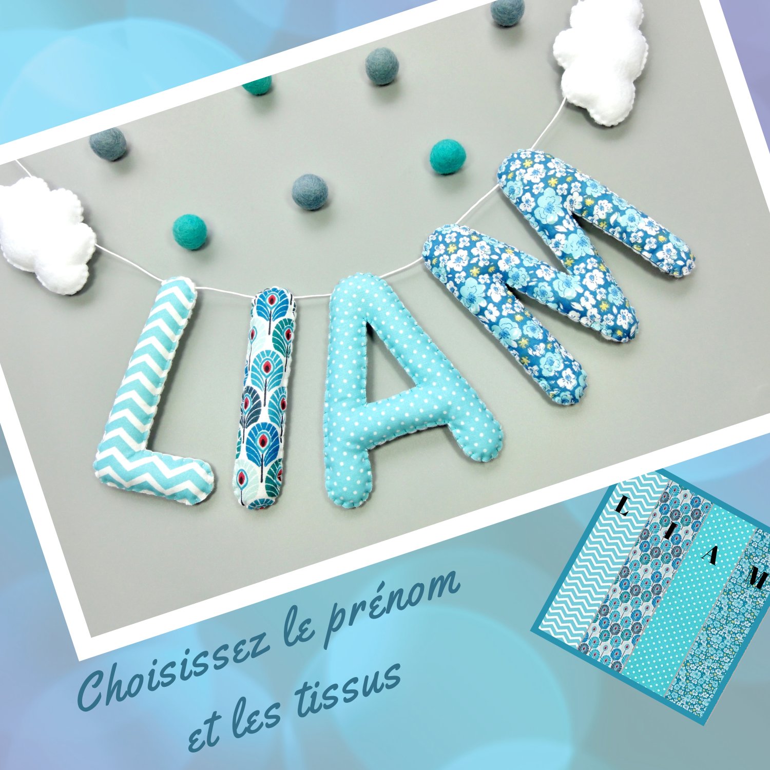 guirlande prenom personnalisée tissu au choix camaieu bleu liberty pour decoration murale chambre bebe garçon