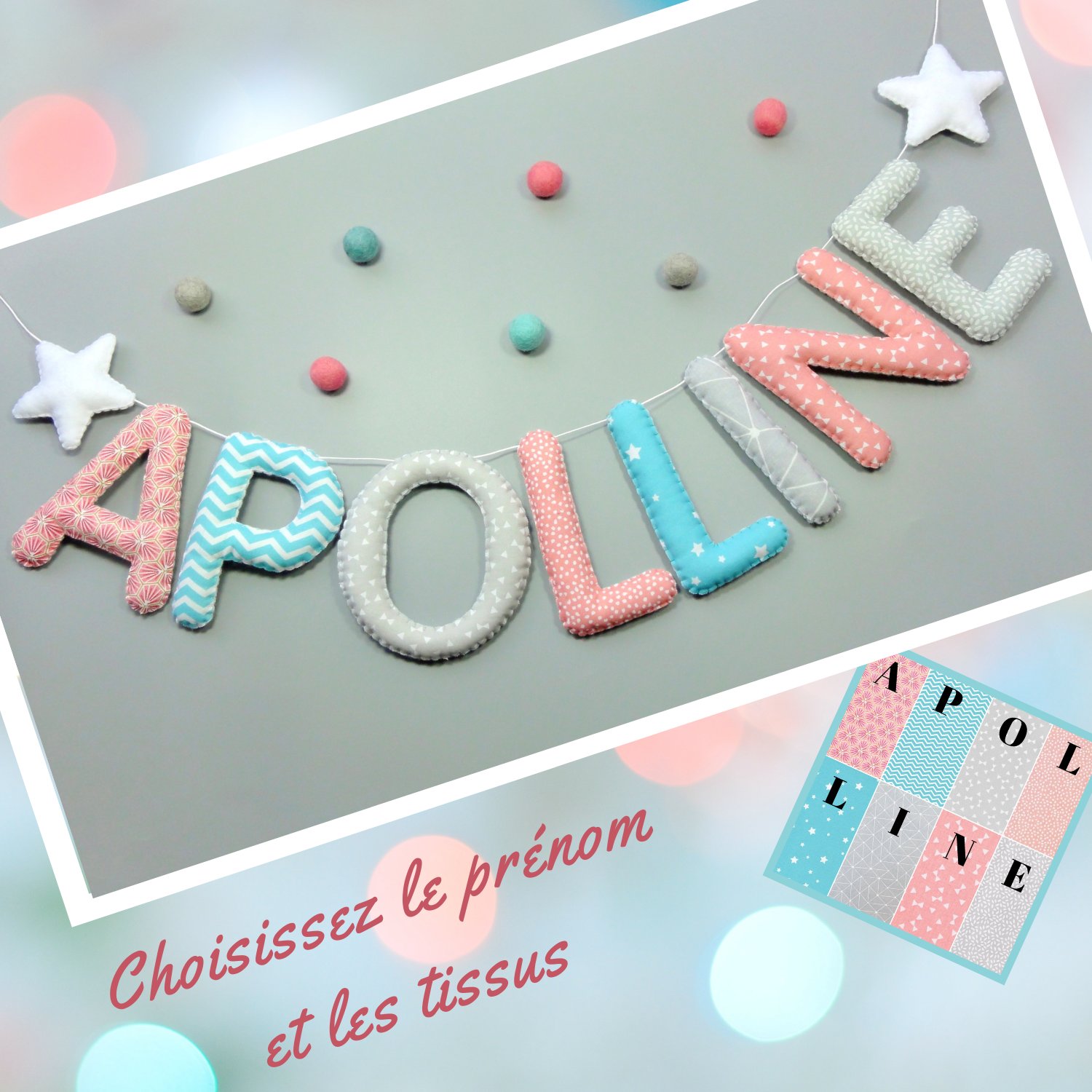 guirlan deprénom personnalisée en tissu au choix pour decoration chambre bébé rose et bleu