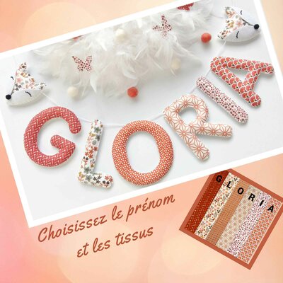 Guirlande prénom personnalisée en tissu terracotta et Liberty pour déco de chambre bébé fille