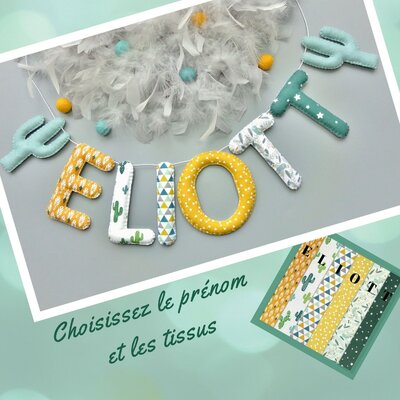 guirlande prenom tissus personnalisés pour deco murale chambre bebe garçon theme nature déco cactus jaune moutarde et vert d'eau