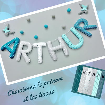 guirlande prénom tissu personnalisée pour decoration chambre bébé garçon bleu et gris avec motif papillon