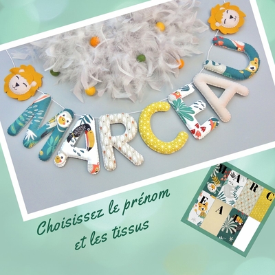 guirlande prénom en tissu jungle à personnaliser pour décoration murale chambre bébé