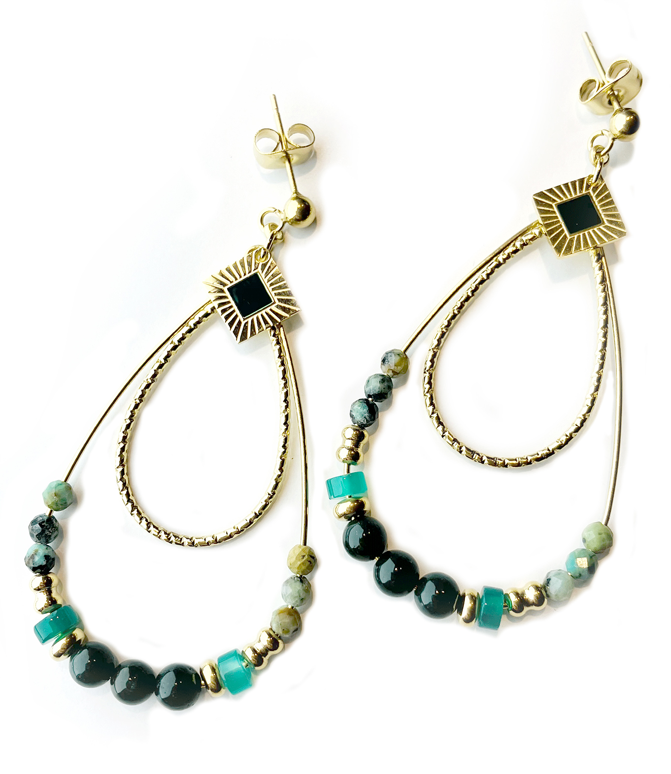 BOUCLES  GOUTTES  ACIER DORÉ ET PIERRES NATURELLES