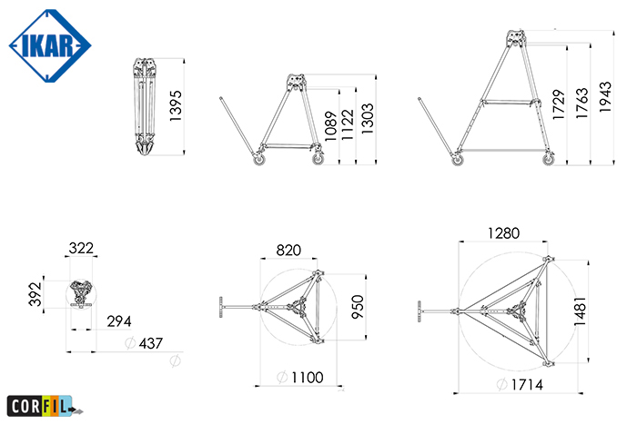 Trepied-mobile-alu-IKAR-DBA3R-dimensions