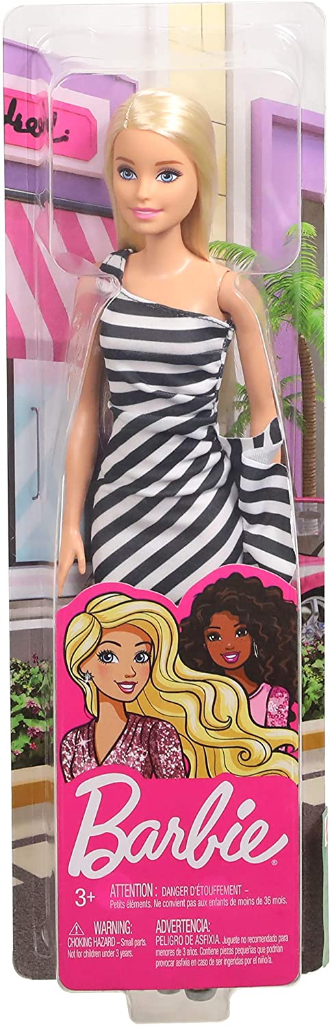 Jouet Mattel Barbie Fashionistas Poupée Mannequin Blonde avec Robe Rayée Noire et Blanche et Talons Hauts Gris 4