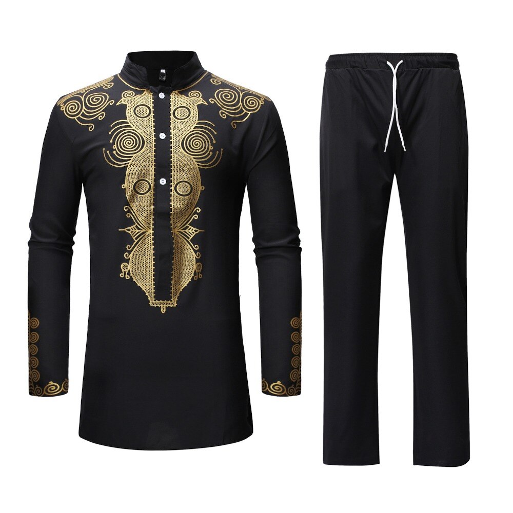 Ensemble Haut Pantalon Noir Imprimé Dashiki Pour Homme Ensemble 2