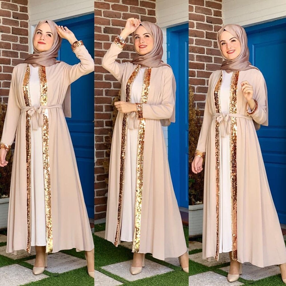 Robe Longue Pour Femme Musulmane Avec Cardigan Kimono Hijab Kaftan 