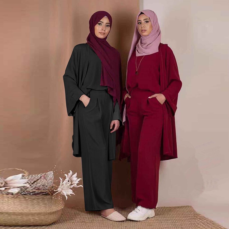 Trois Pièces Abaya Turc Haut De Kimono Pantalon Robe Musulmane Abayas Hijab Robe Dubaï Caftan