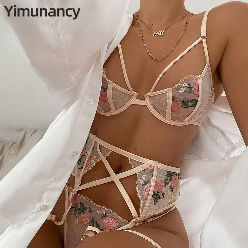 Yimunancy Broderie Florale Dentelle Lingerie Pi Ces Ensemble Sous V Tements Sexy Femmes