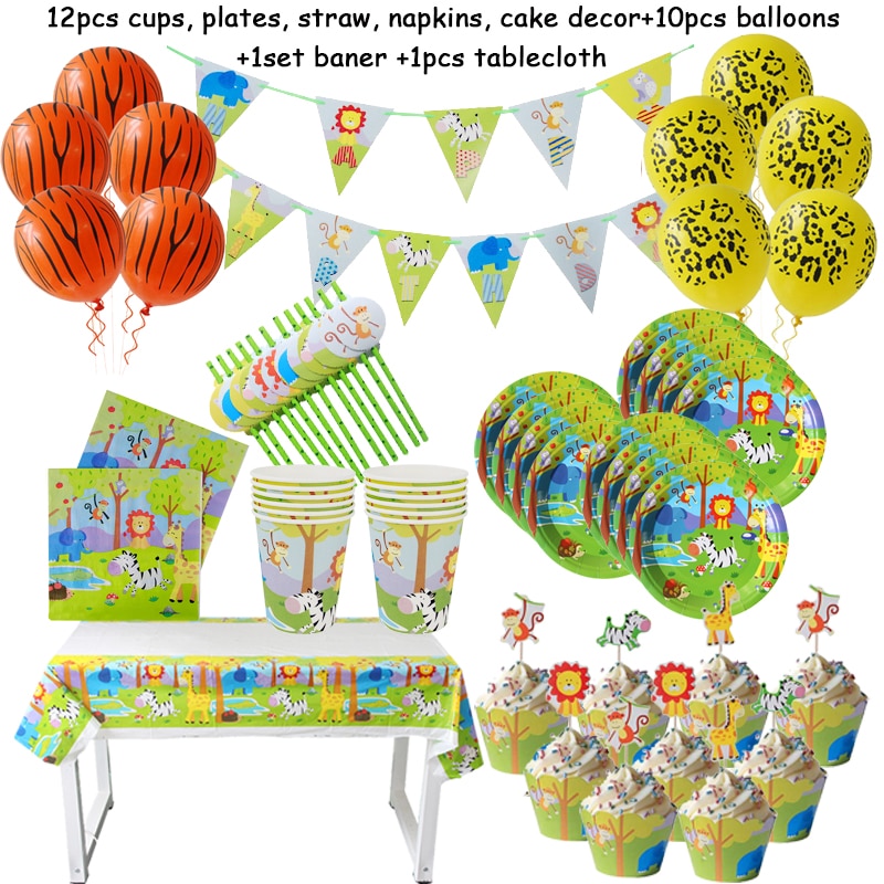 Decoration D Anniversaire Sur Le Theme Du Safari Assiettes Gobelets Chapeaux Pailles Avec Des Animaux Et Nains Pour Les Enfants Fete Noel Ventelh